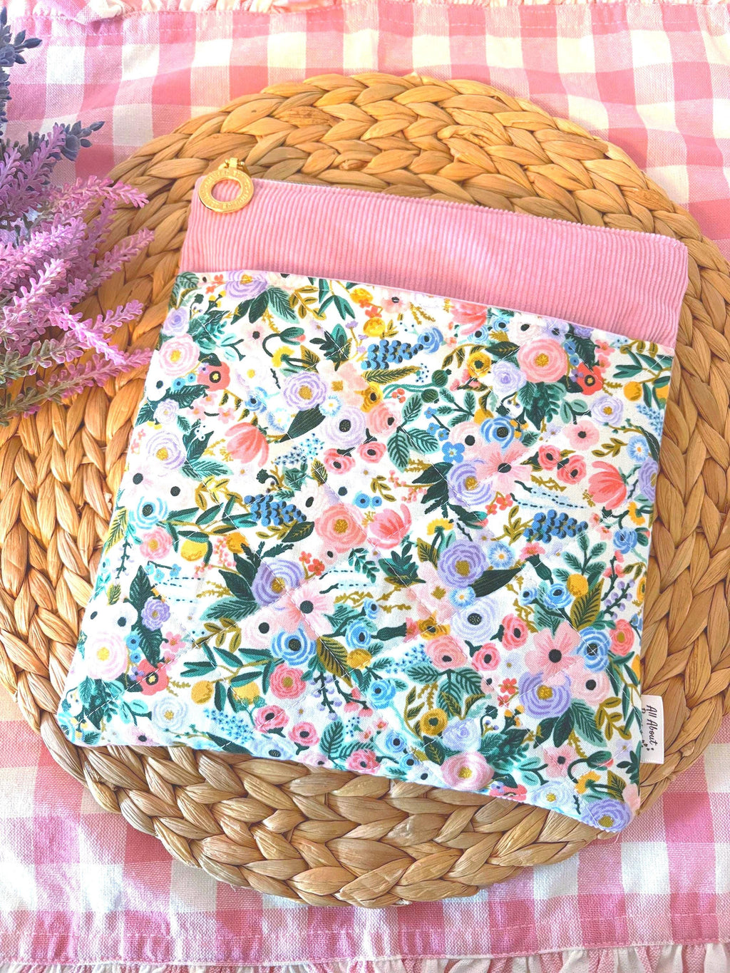 Quilted Personalized Book Sleeve: Pink Corduroy with Rifle Paper Co Floral Pocket - All About Bags Co