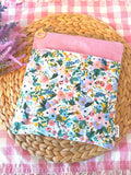 Quilted Personalized Book Sleeve: Pink Corduroy with Rifle Paper Co Floral Pocket - All About Bags Co