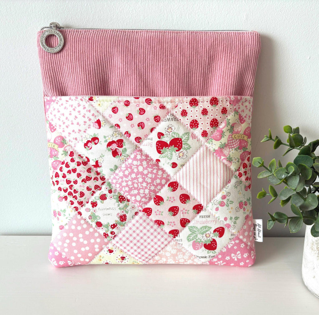 Quilted Personalized Book Sleeve: Pink Corduroy with Rifle Paper Co Floral Pocket - All About Bags Co