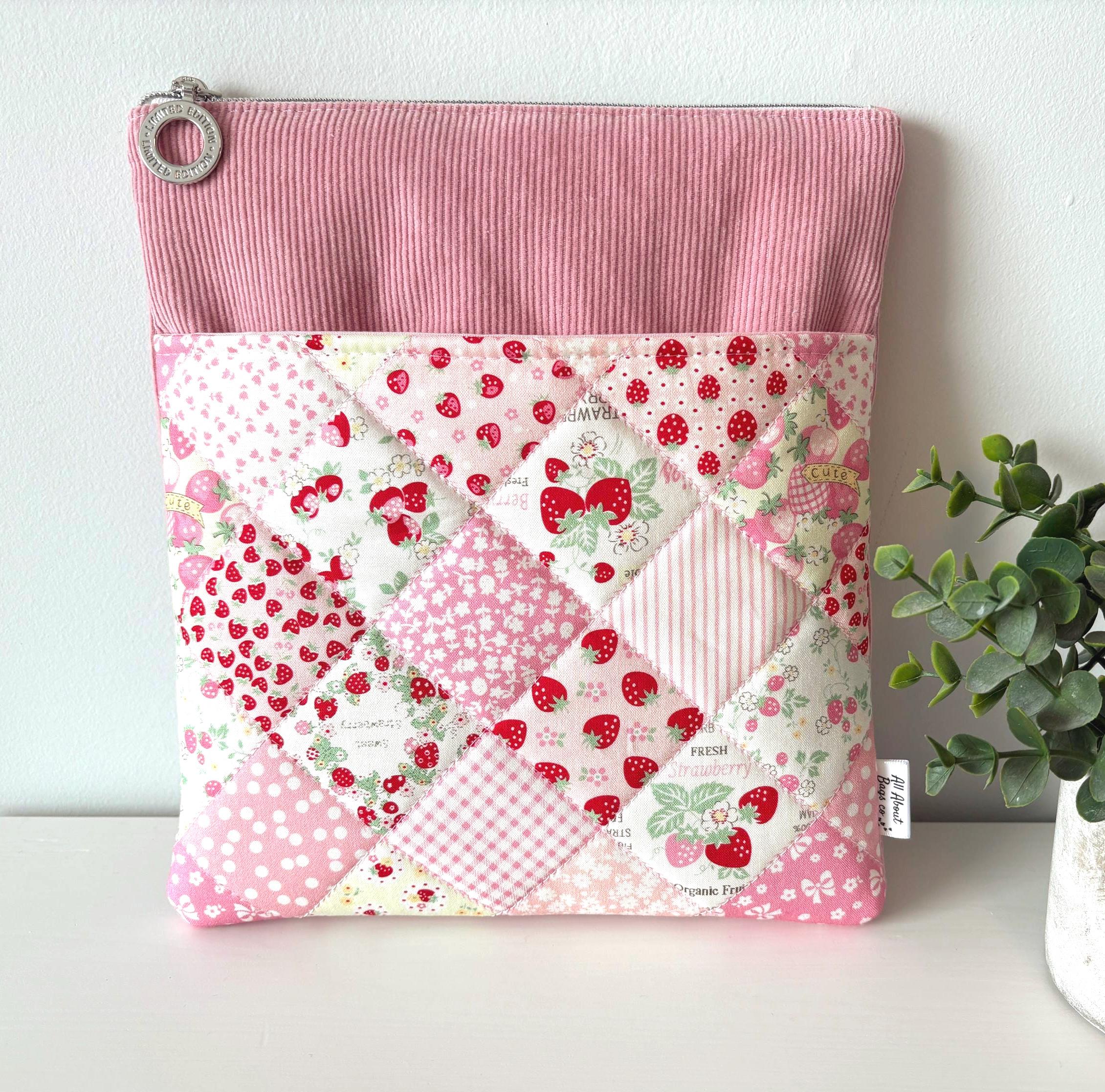 Quilted Personalized Book Sleeve: Pink Corduroy with Rifle Paper Co Floral Pocket - All About Bags Co