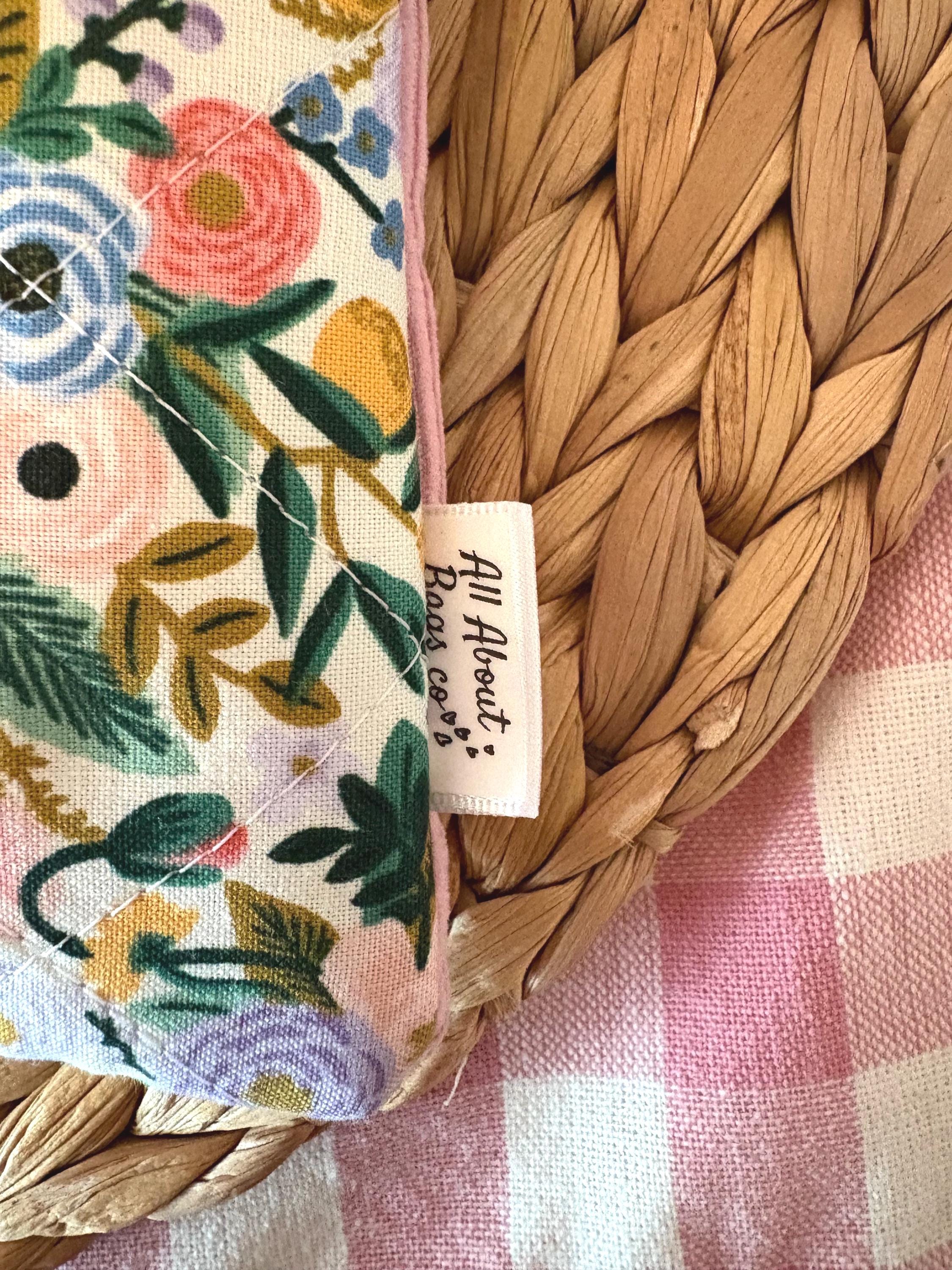 Quilted Personalized Book Sleeve: Pink Corduroy with Rifle Paper Co Floral Pocket - All About Bags Co