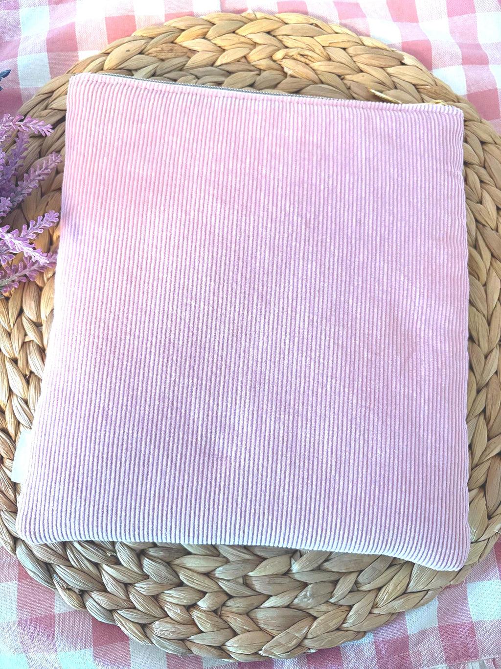 Quilted Personalized Book Sleeve: Pink Corduroy with Rifle Paper Co Floral Pocket - All About Bags Co