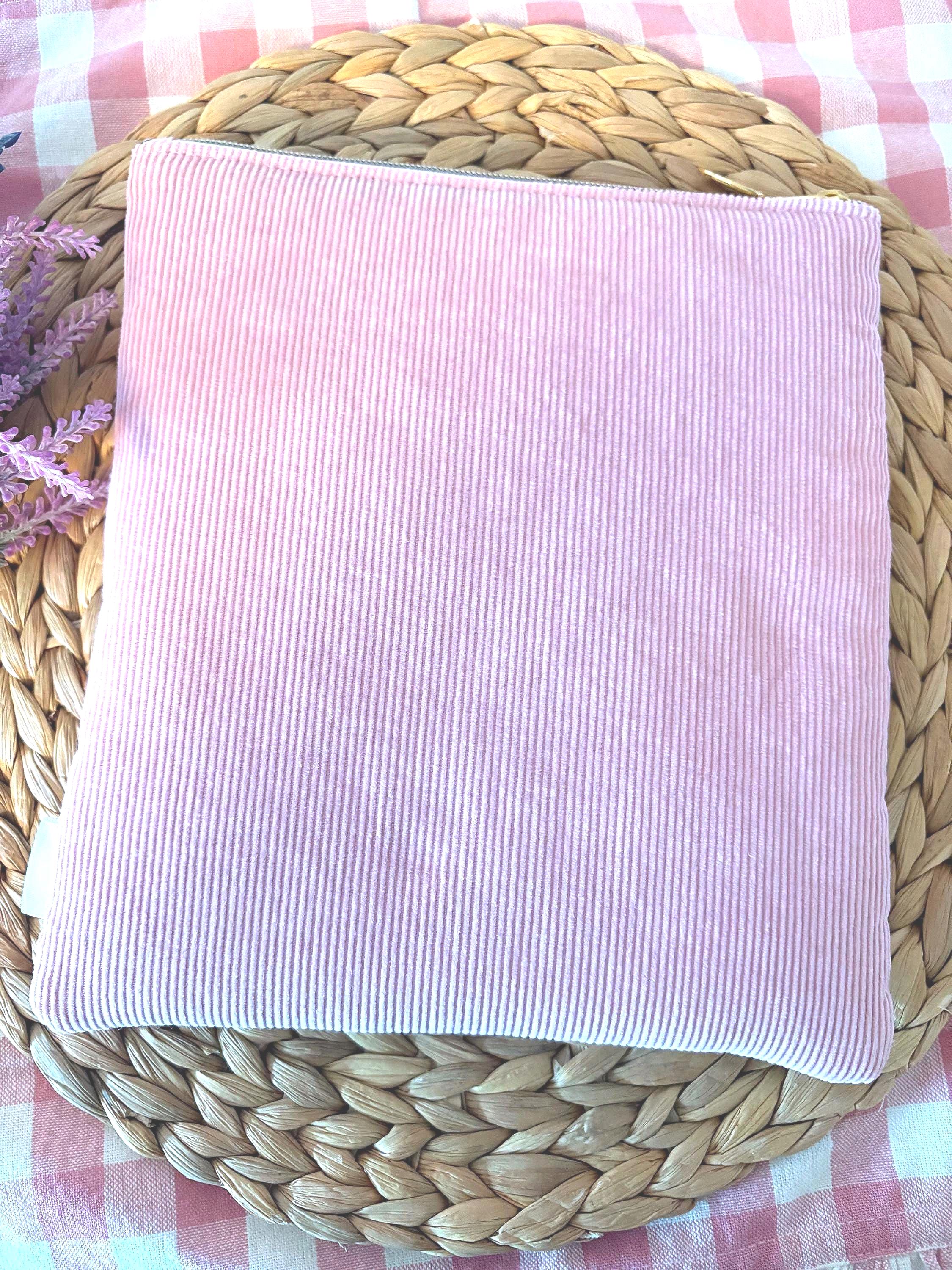 Quilted Personalized Book Sleeve: Pink Corduroy with Rifle Paper Co Floral Pocket - All About Bags Co