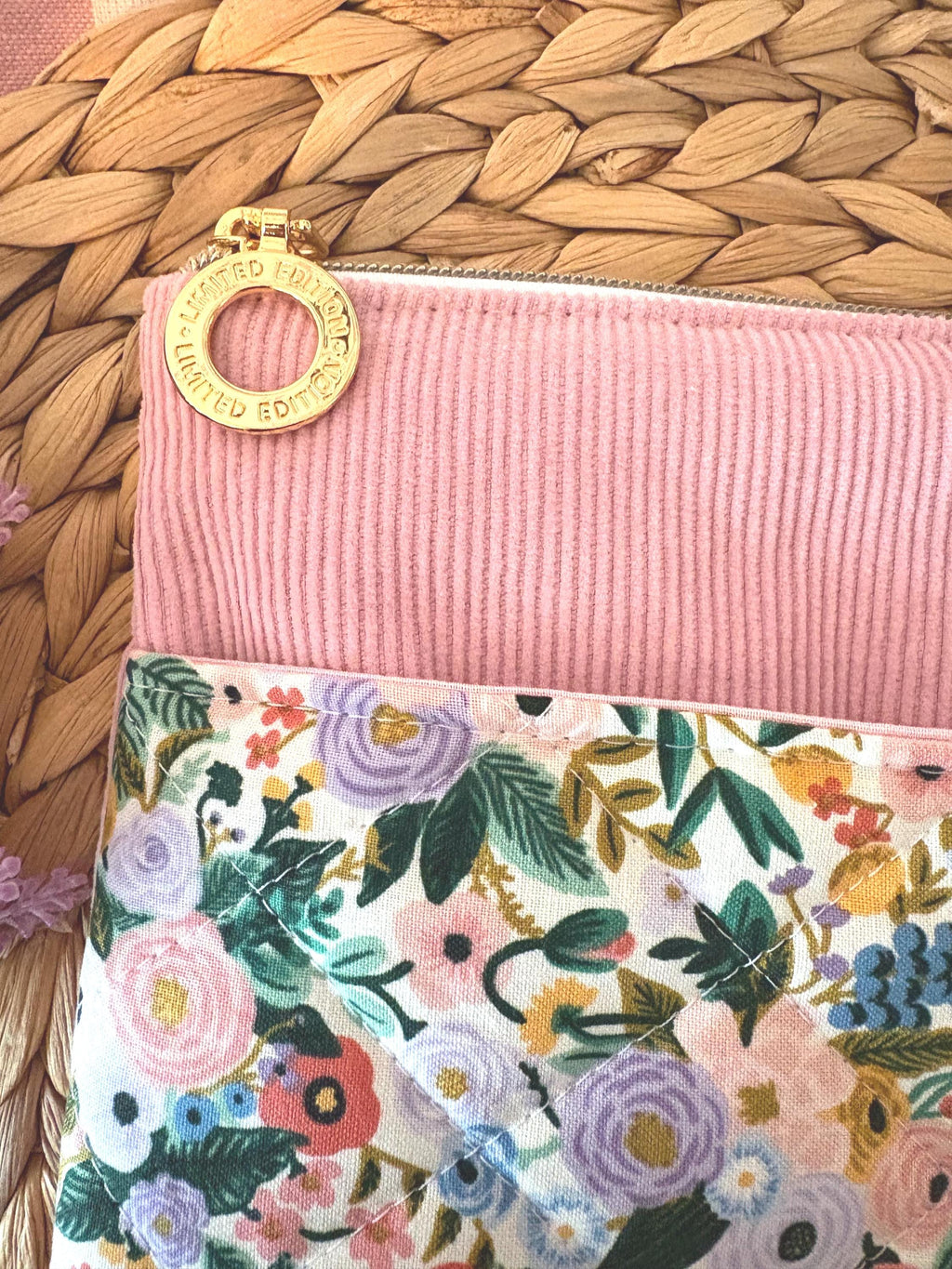 Quilted Personalized Book Sleeve: Pink Corduroy with Rifle Paper Co Floral Pocket - All About Bags Co