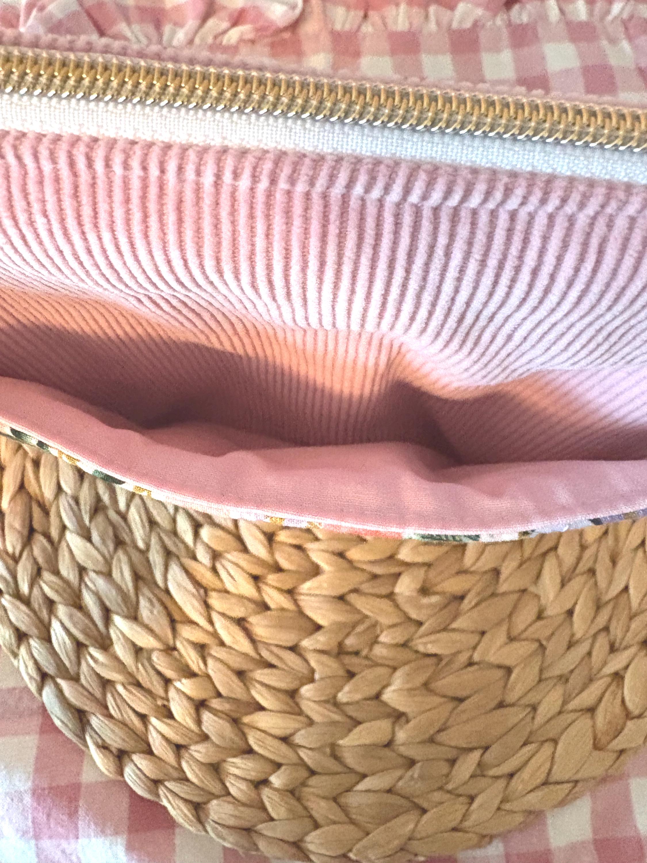 Quilted Personalized Book Sleeve: Pink Corduroy with Rifle Paper Co Floral Pocket - All About Bags Co