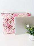 Quilted Strawberry Patchwork I pad and Laptop Sleeve, Pink Puffy Padded Case - All About Bags Co