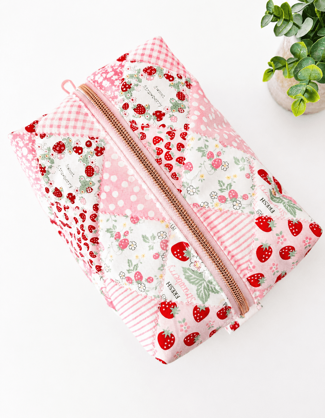 Quilted strawberry patchwork Makeup Bag with water-resistant lining - All About Bags Co