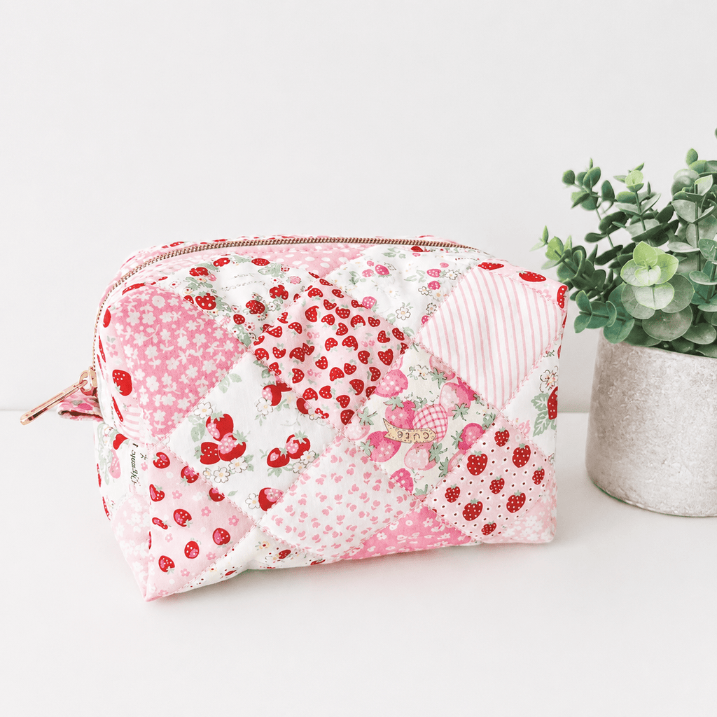 Quilted strawberry patchwork Makeup Bag with water-resistant lining - All About Bags Co