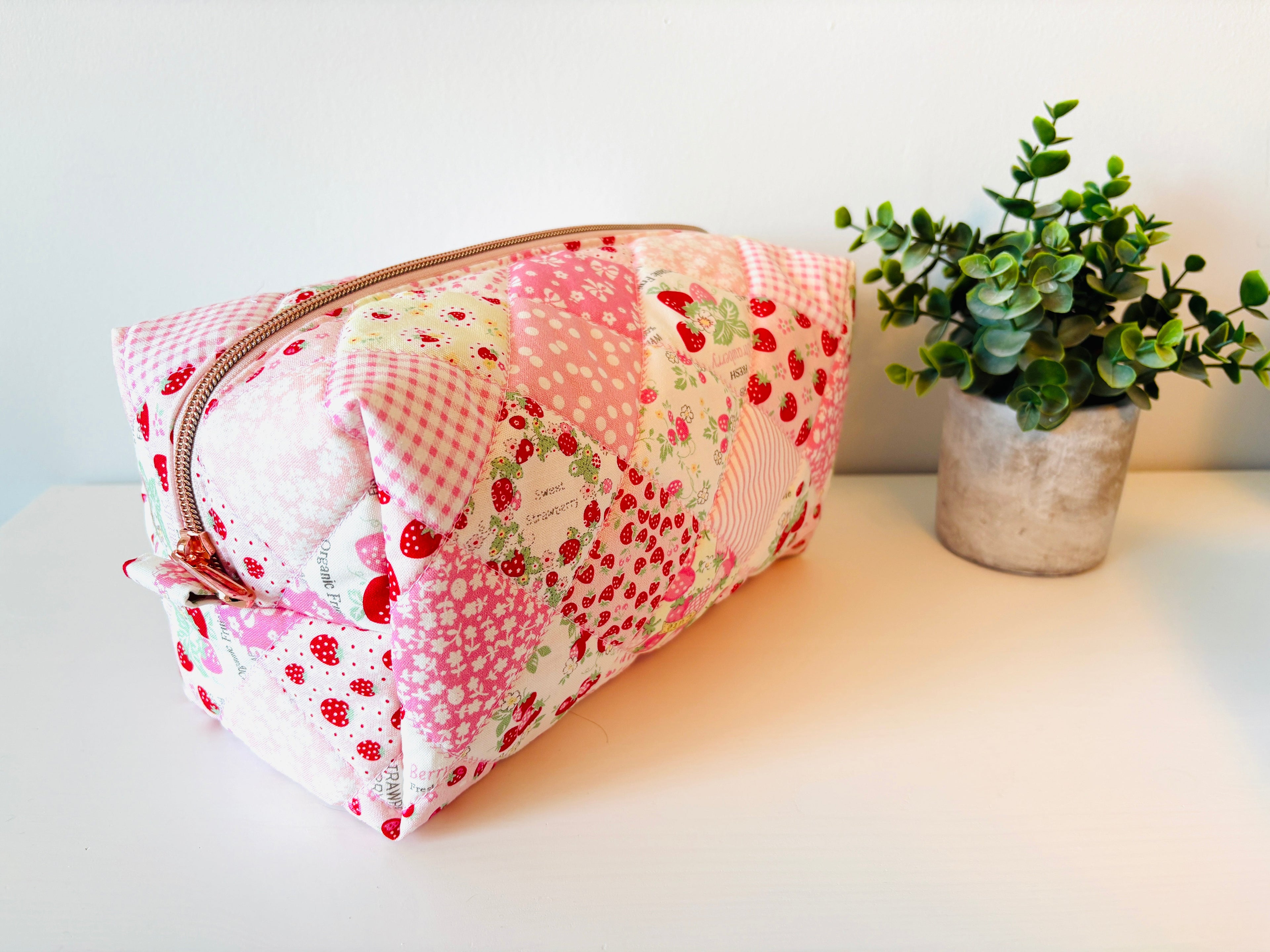 Soft Quilted strawberry patchwork Makeup Bag with water - resistant lining - Square Boxy Cosmetic Case - All About Bags Co