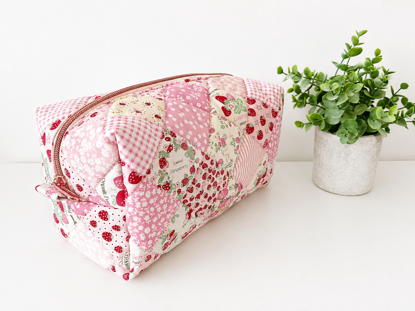 Quilted strawberry patchwork Makeup Bag with water-resistant lining - All About Bags Co