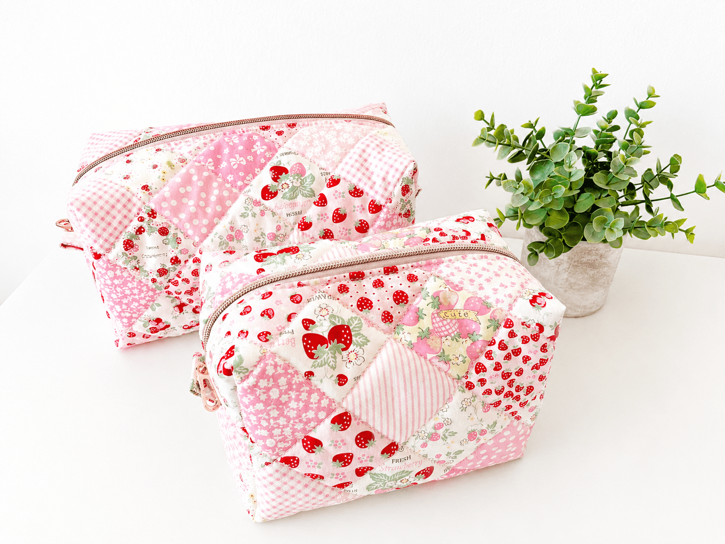 Quilted strawberry patchwork Makeup Bag with water-resistant lining - All About Bags Co