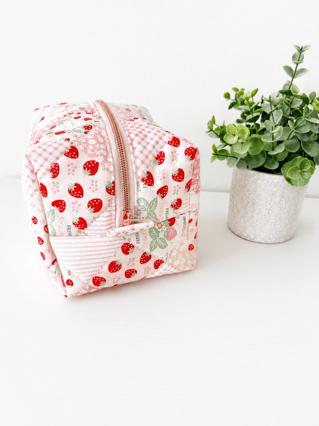 Quilted strawberry patchwork Makeup Bag with water-resistant lining - All About Bags Co
