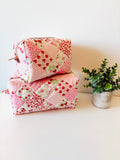 Soft Quilted strawberry patchwork Makeup Bag with water - resistant lining - Square Boxy Cosmetic Case - All About Bags Co