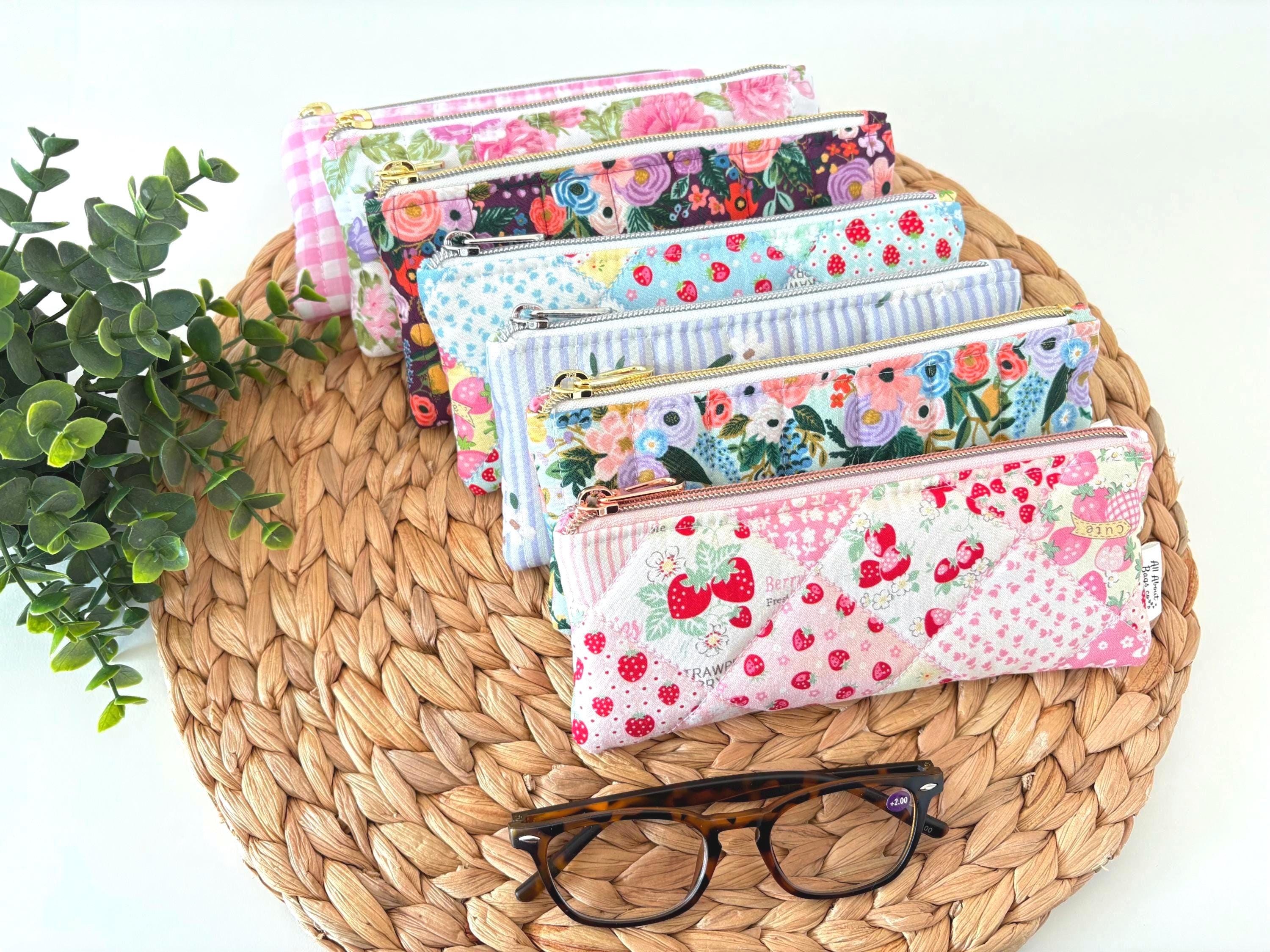 Quilted Sunglasses case: Strawberry Patchwork Pencil case, reading glasses zipper pouch - All About Bags Co