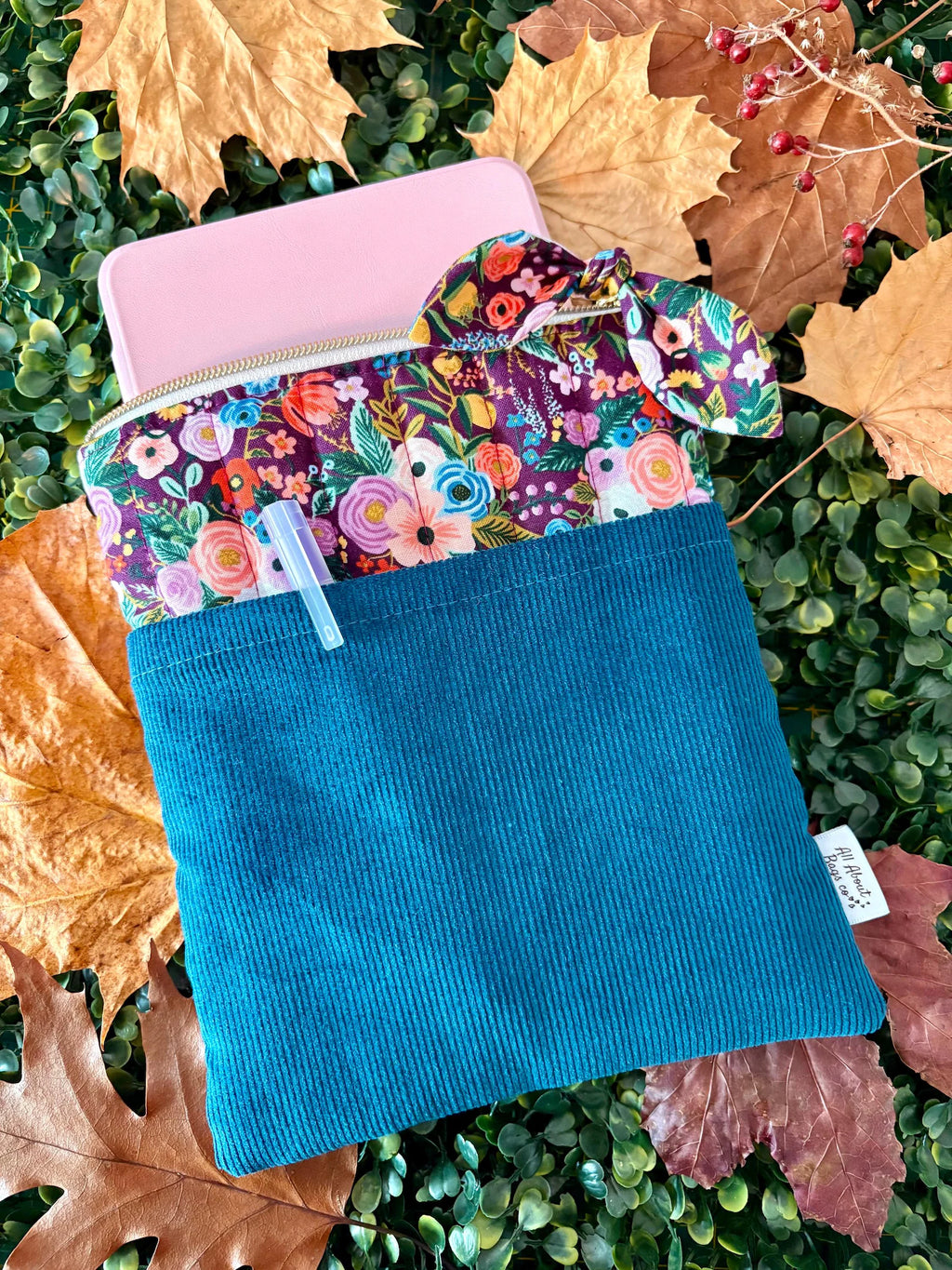 Quilted Kindle Sleeve: Rifle Paper Co Floral with turquoise Corduroy Pocket