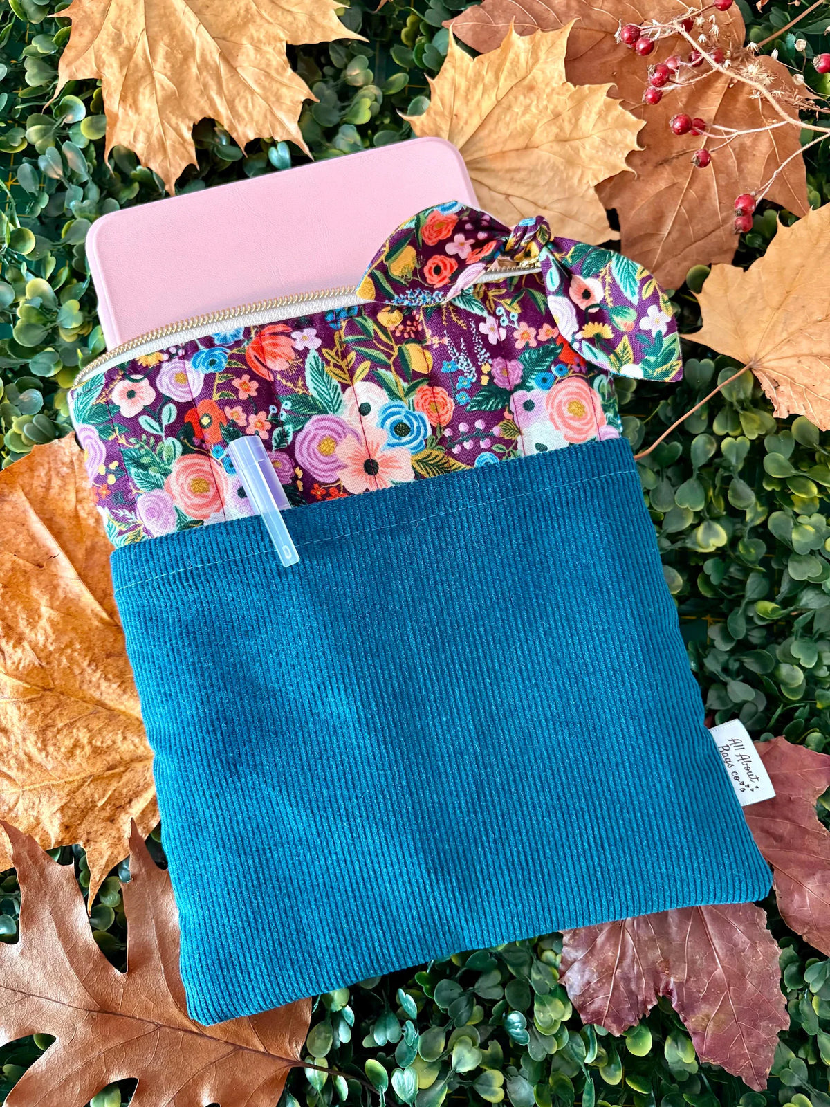 Quilted Kindle Sleeve: Rifle Paper Co Floral with turquoise Corduroy Pocket