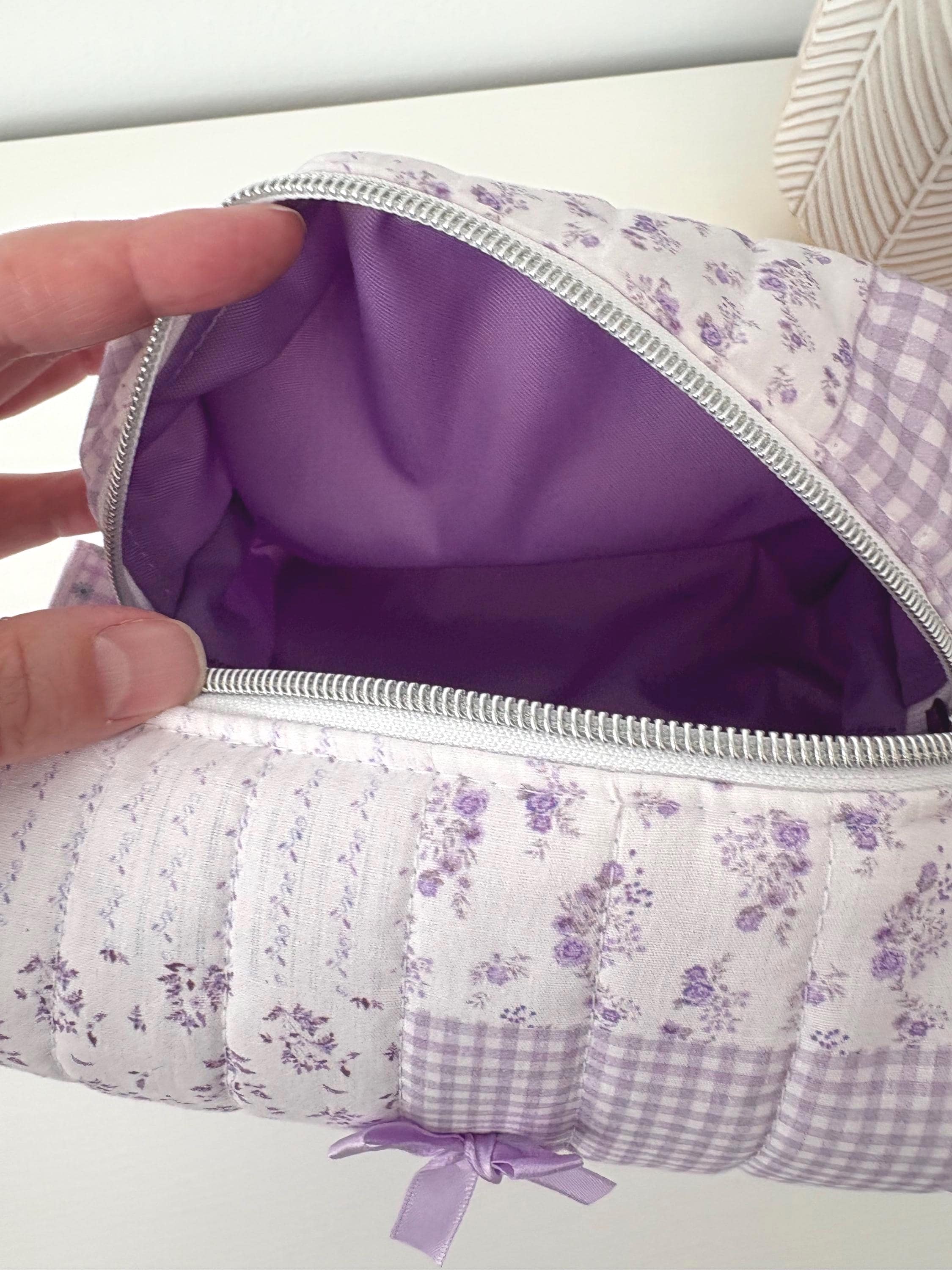 Soft Quilted Purple patchwork Makeup Bag with water - resistant lining - Square Boxy Cosmetic Case - All About Bags Co