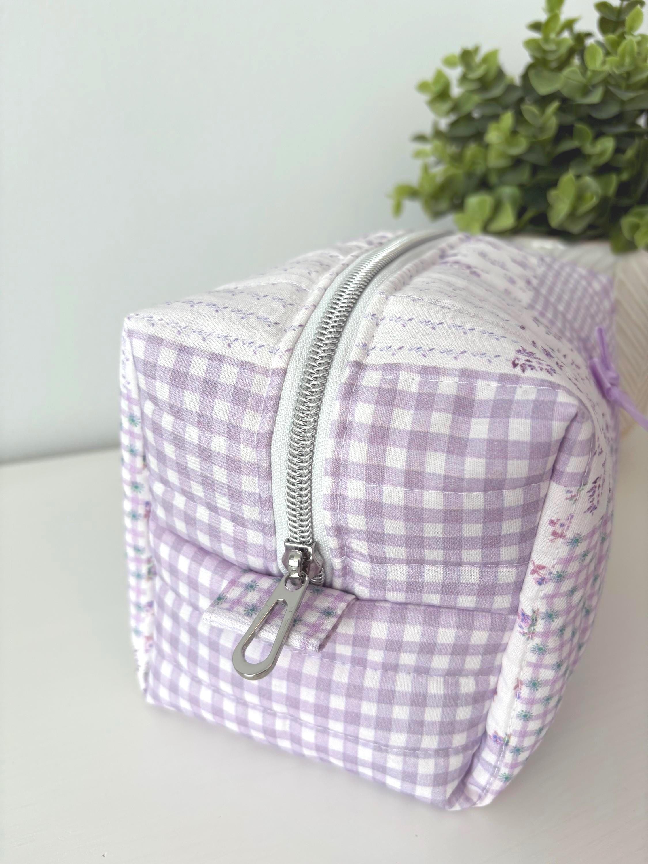 Soft Quilted Purple patchwork Makeup Bag with water - resistant lining - Square Boxy Cosmetic Case - All About Bags Co