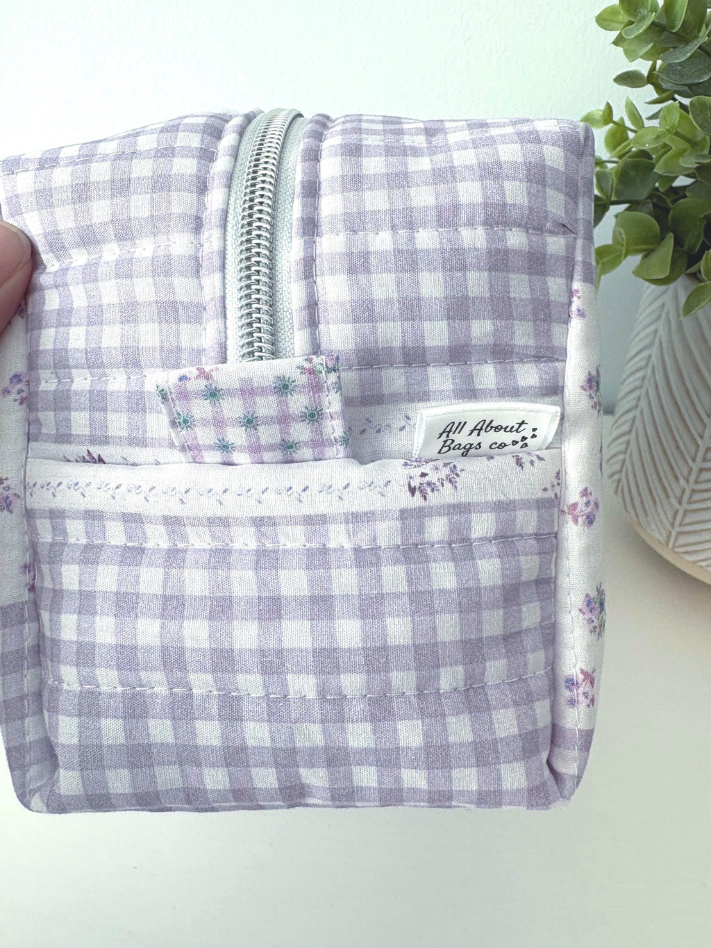 Soft Quilted Purple patchwork Makeup Bag with water - resistant lining - Square Boxy Cosmetic Case - All About Bags Co