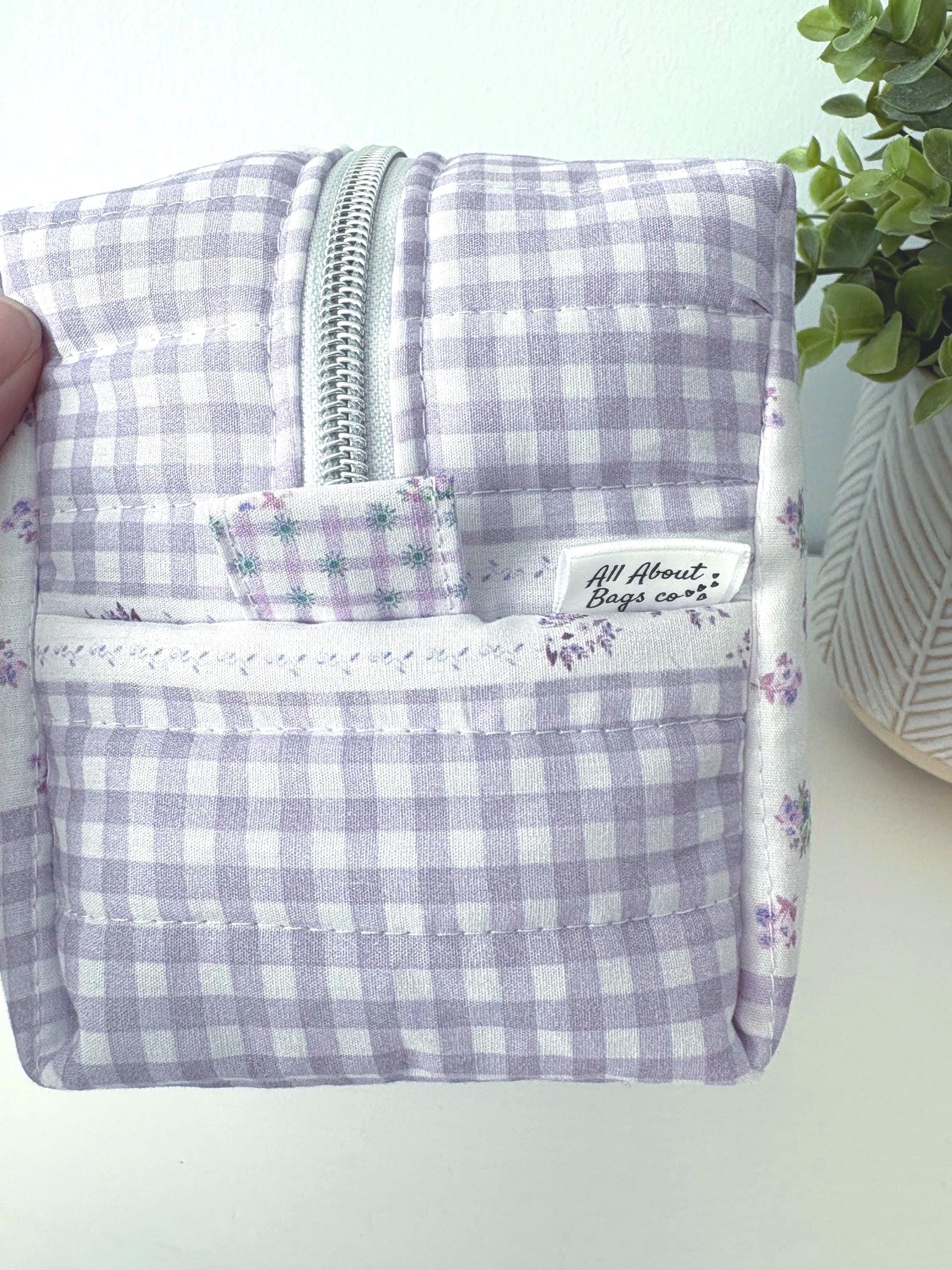 Soft Quilted Purple patchwork Makeup Bag with water - resistant lining - Square Boxy Cosmetic Case - All About Bags Co