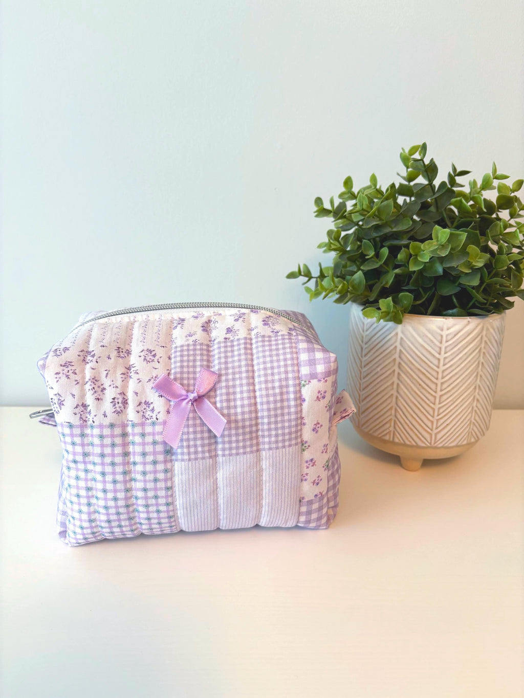 Soft Quilted Purple patchwork Makeup Bag with water - resistant lining - Square Boxy Cosmetic Case - All About Bags Co