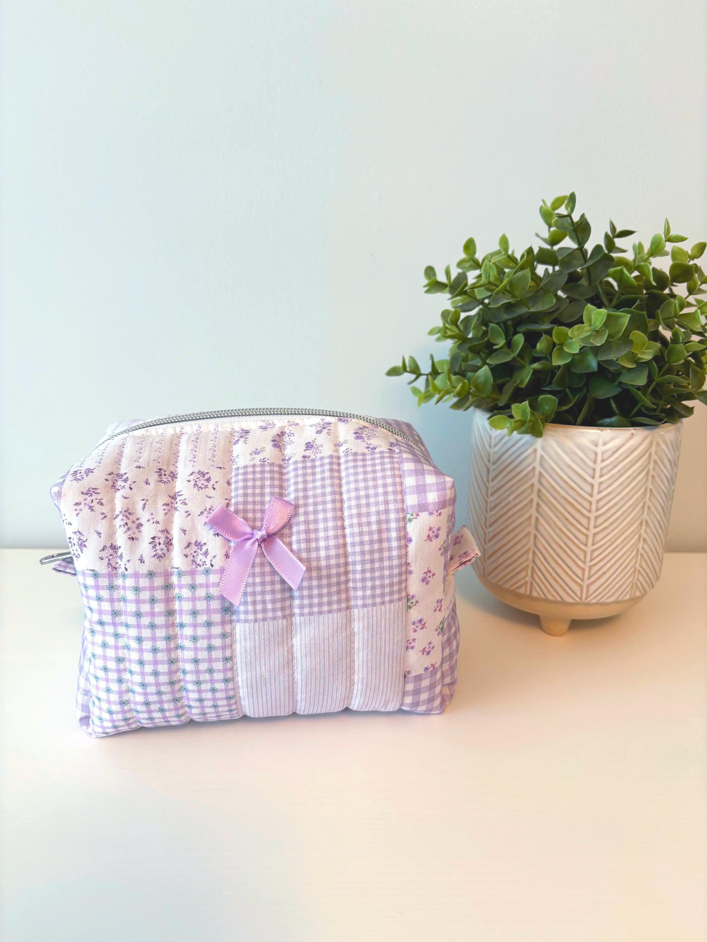 Soft Quilted Purple patchwork Makeup Bag with water - resistant lining - Square Boxy Cosmetic Case - All About Bags Co