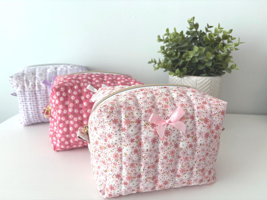 Soft Quilted Purple patchwork Makeup Bag with water - resistant lining - Square Boxy Cosmetic Case - All About Bags Co