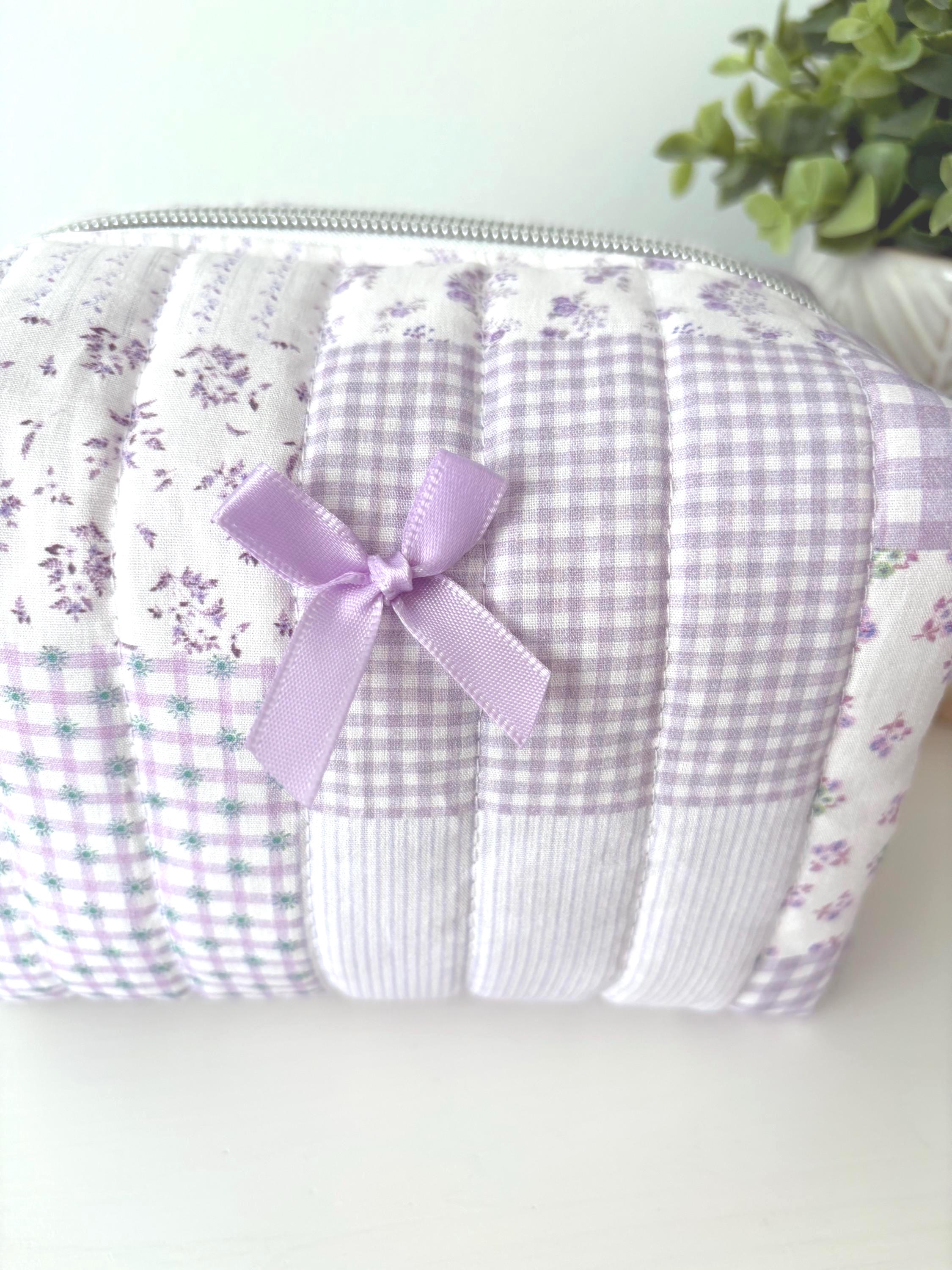 Soft Quilted Purple patchwork Makeup Bag with water - resistant lining - Square Boxy Cosmetic Case - All About Bags Co
