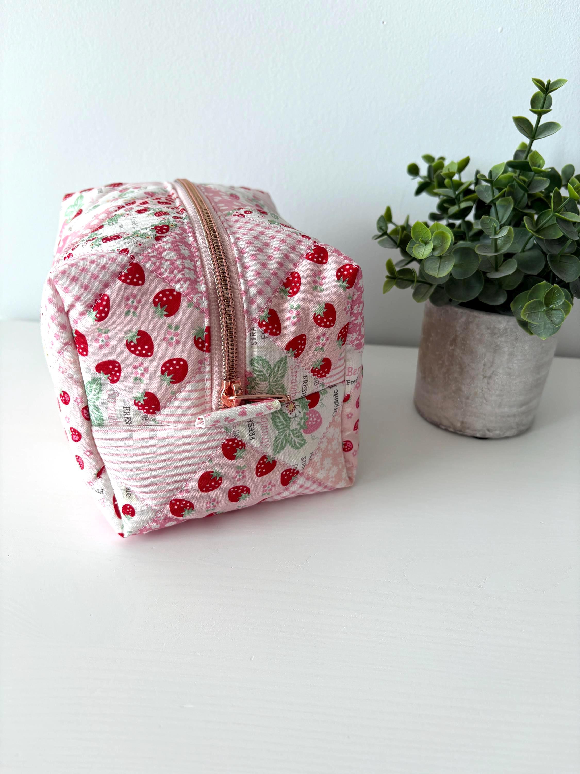 Soft Quilted strawberry patchwork Makeup Bag with water - resistant lining - Square Boxy Cosmetic Case - All About Bags Co