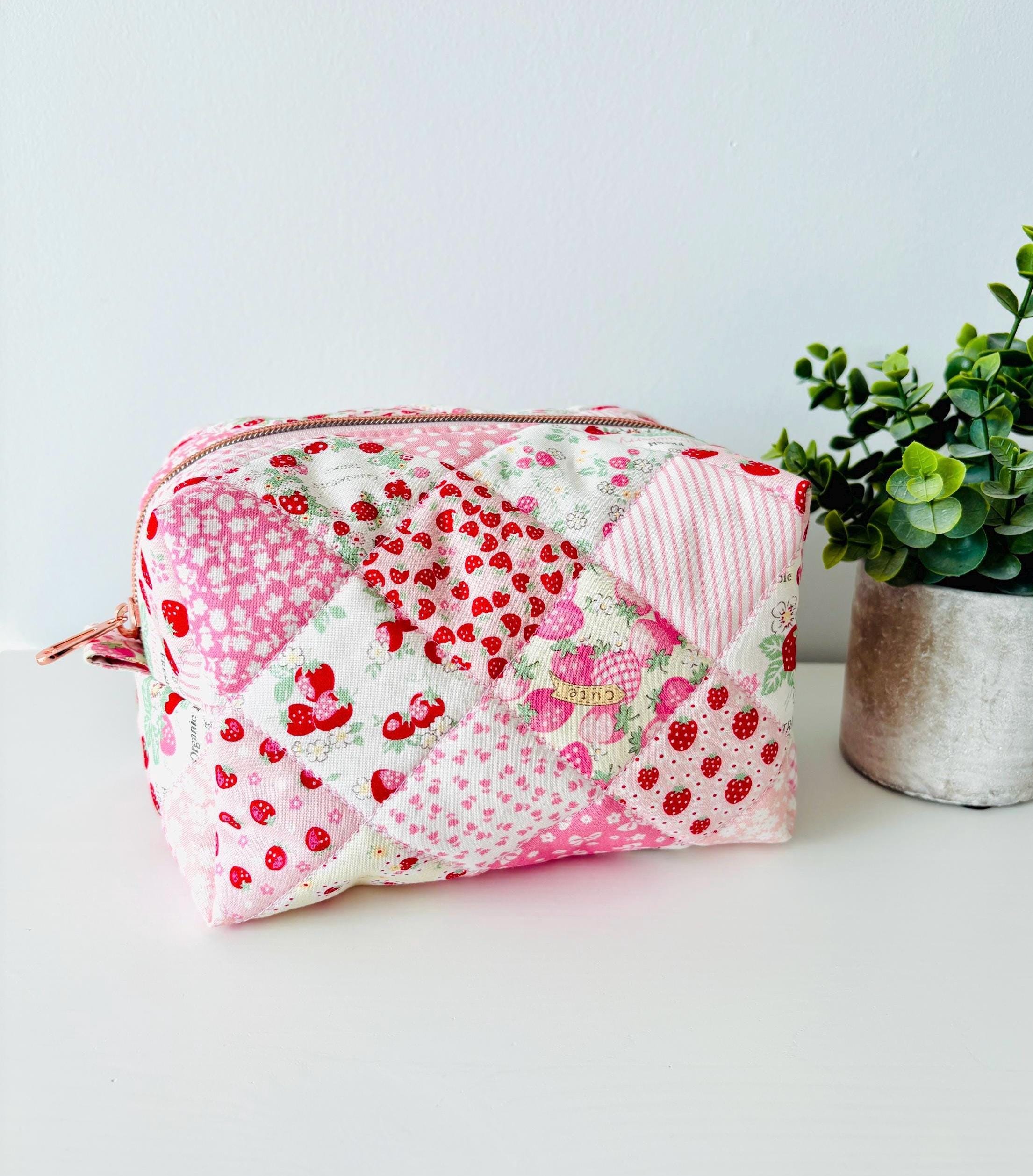 Soft Quilted strawberry patchwork Makeup Bag with water - resistant lining - Square Boxy Cosmetic Case - All About Bags Co