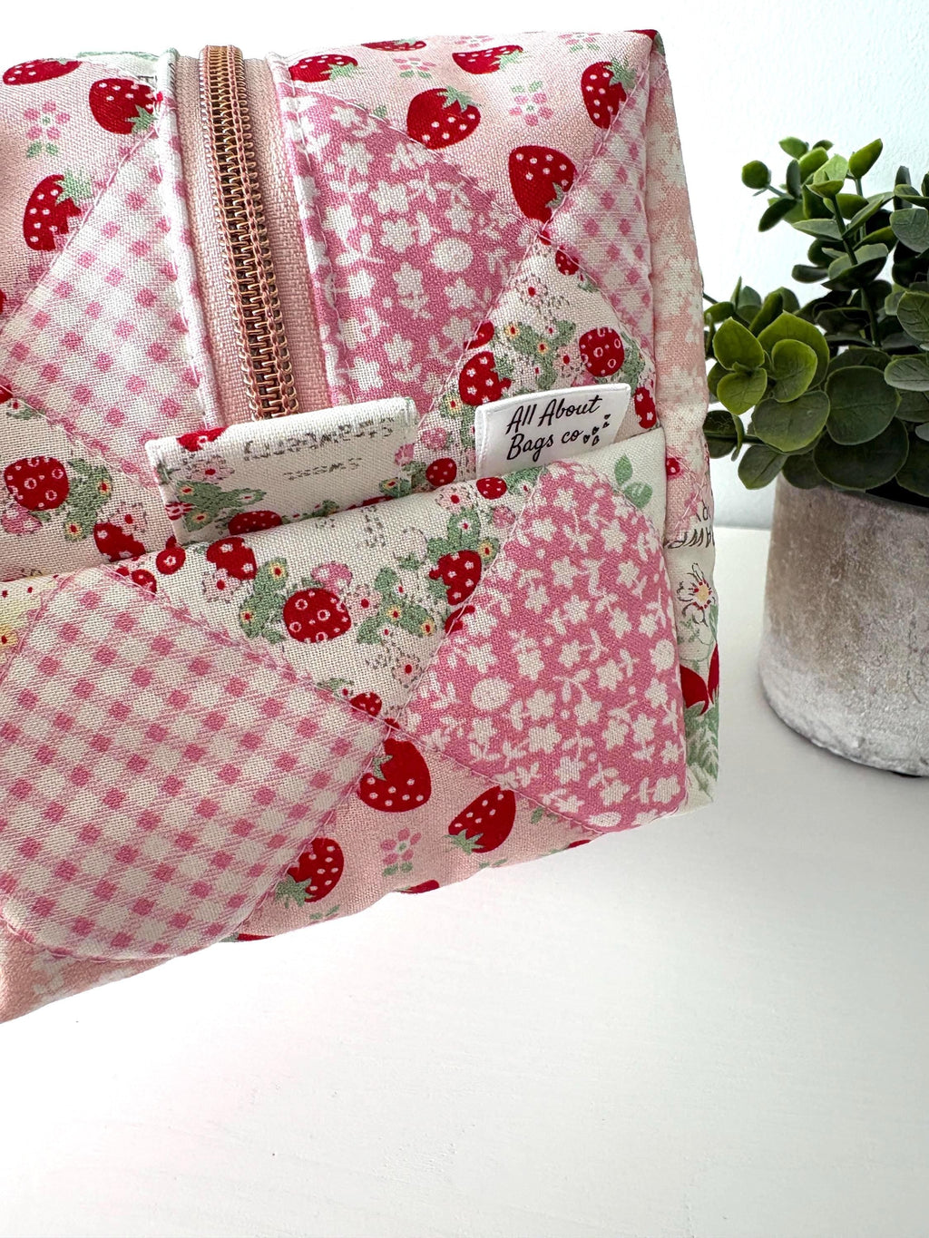 Soft Quilted strawberry patchwork Makeup Bag with water - resistant lining - Square Boxy Cosmetic Case - All About Bags Co