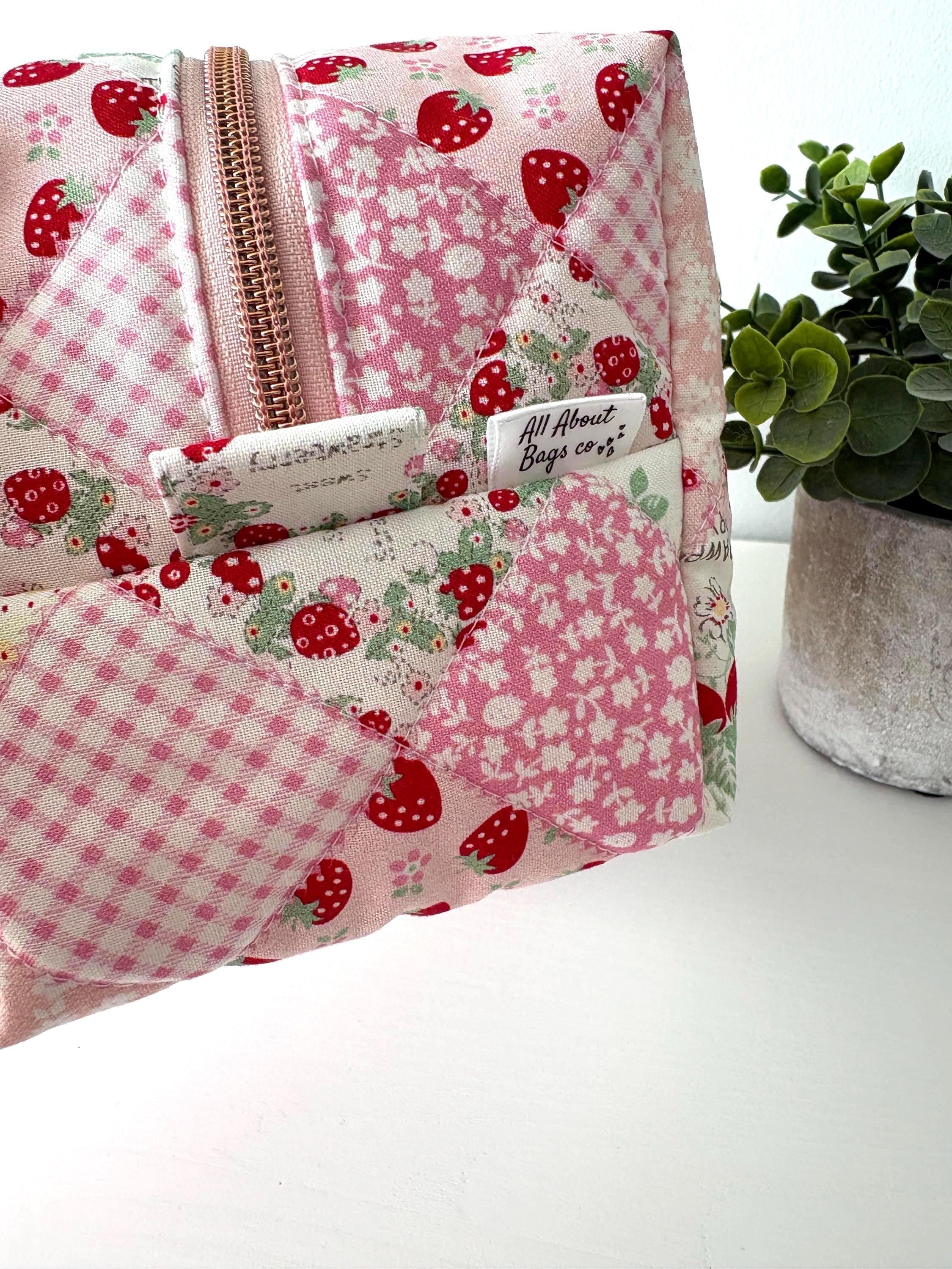 Soft Quilted strawberry patchwork Makeup Bag with water - resistant lining - Square Boxy Cosmetic Case - All About Bags Co