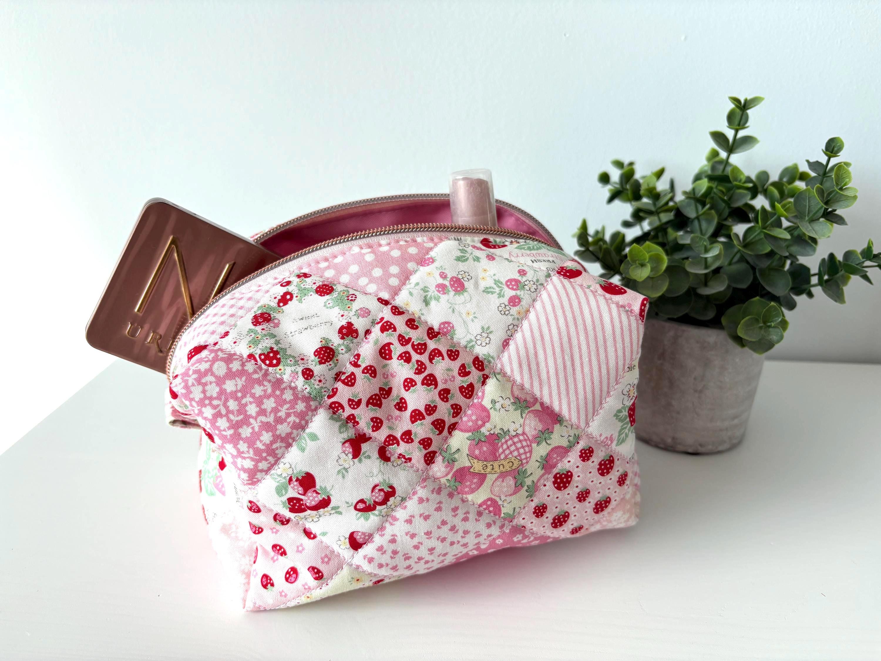 Soft Quilted strawberry patchwork Makeup Bag with water - resistant lining - Square Boxy Cosmetic Case - All About Bags Co