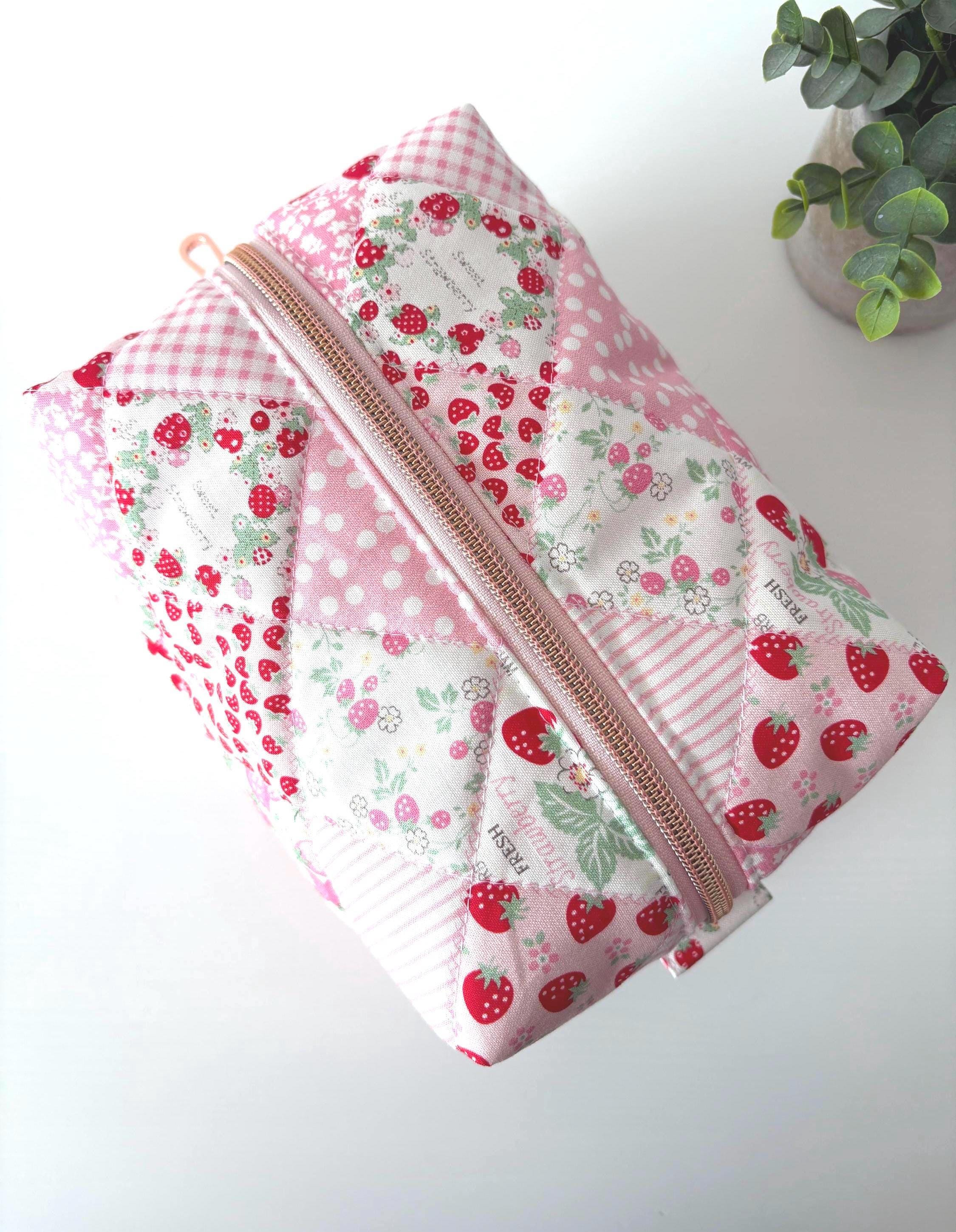 Soft Quilted strawberry patchwork Makeup Bag with water - resistant lining - Square Boxy Cosmetic Case - All About Bags Co