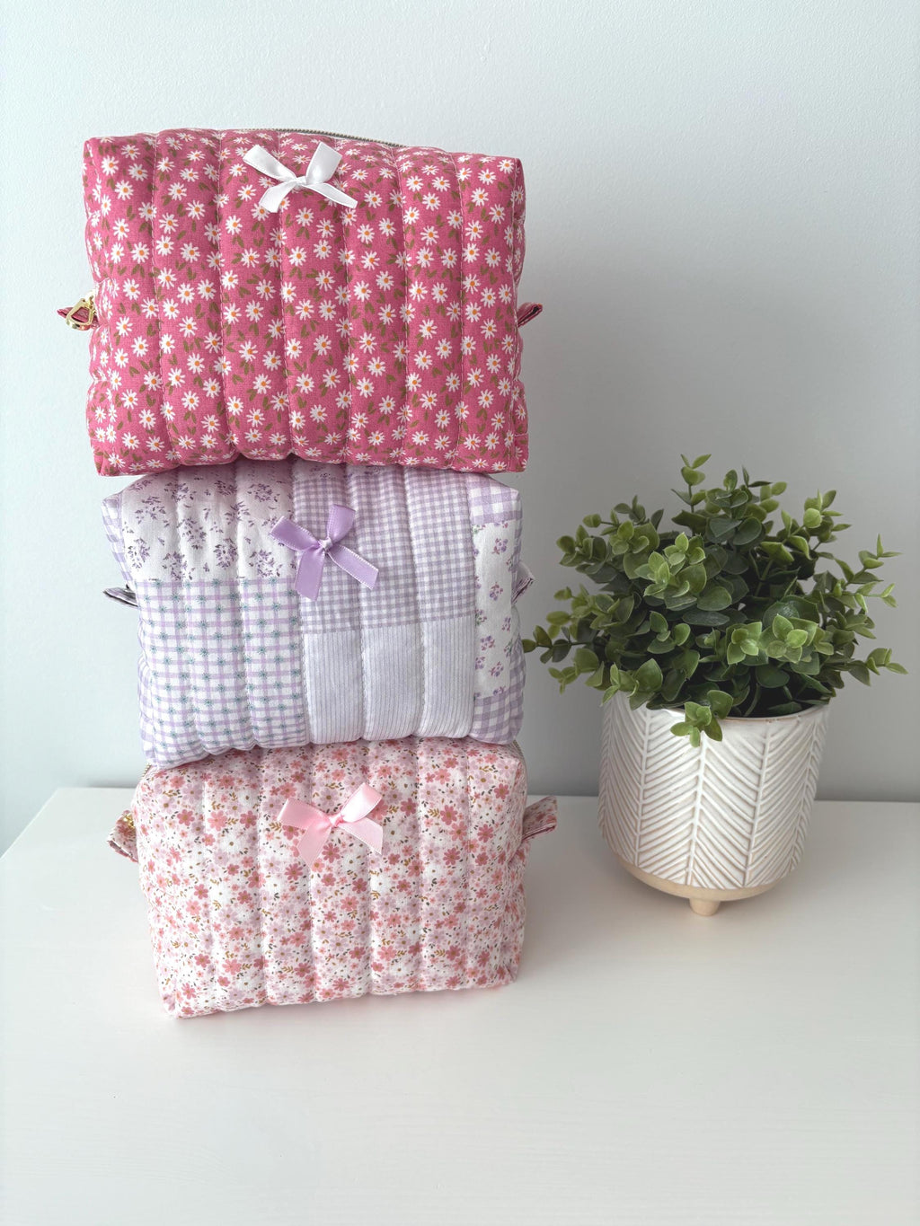 Soft Quilted strawberry patchwork Makeup Bag with water - resistant lining - Square Boxy Cosmetic Case - All About Bags Co