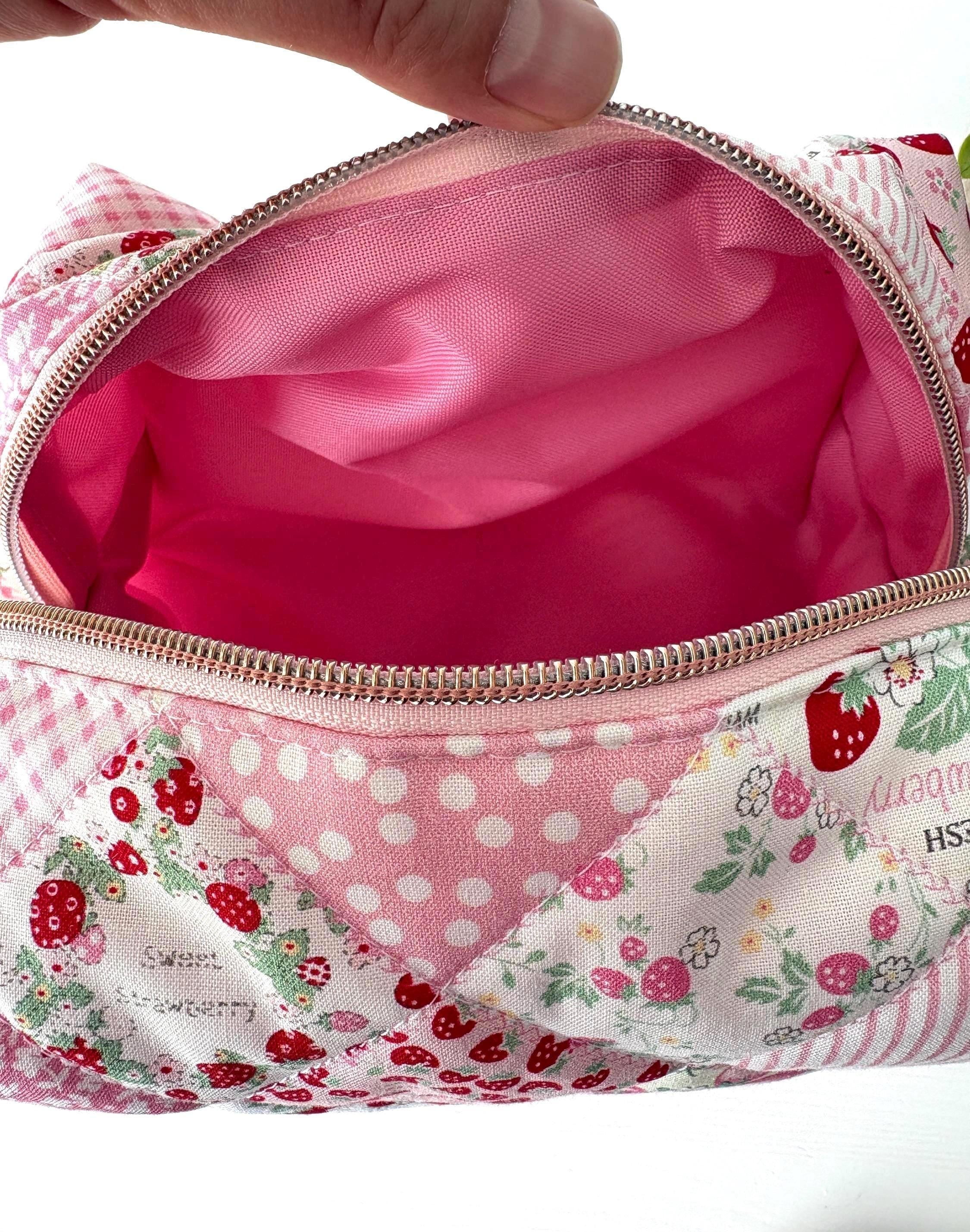 Soft Quilted strawberry patchwork Makeup Bag with water - resistant lining - Square Boxy Cosmetic Case - All About Bags Co