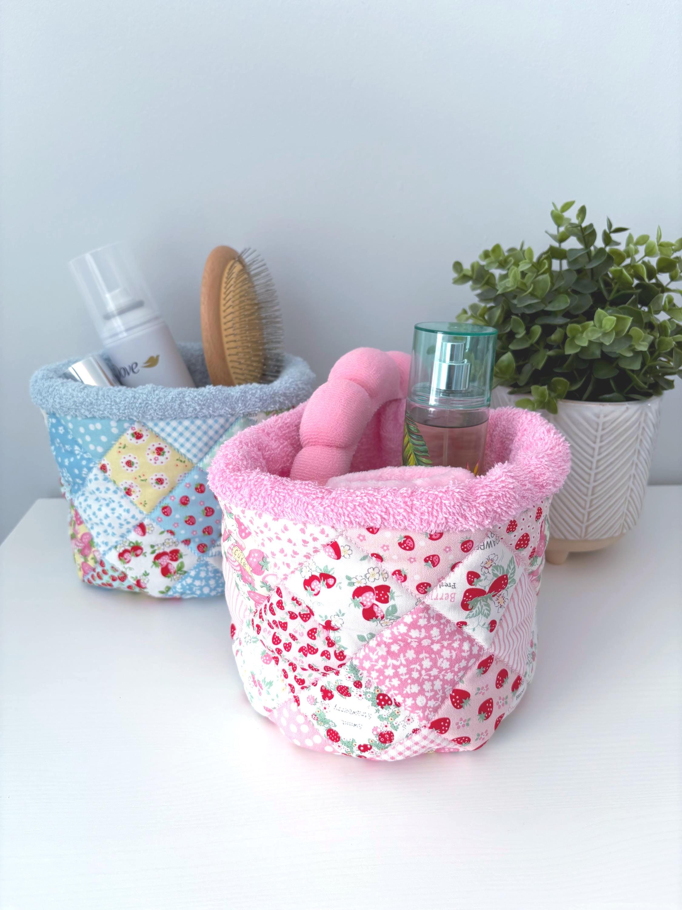 Strawberry Patchwork Quilted Makeup Organizer – Handmade Cotton Vanity puff bucket - All About Bags Co