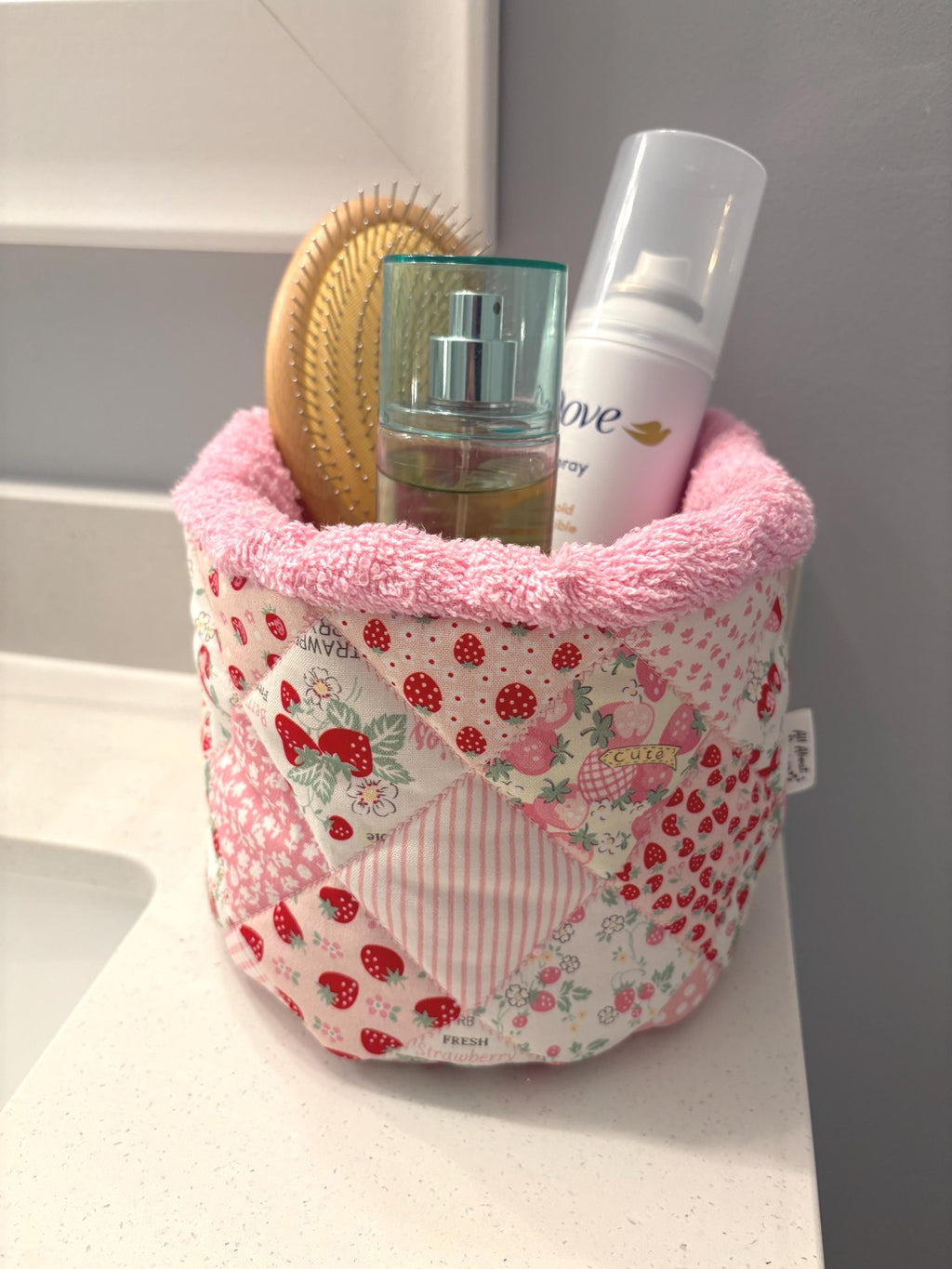 Strawberry Patchwork Quilted Makeup Organizer – Handmade Cotton Vanity puff bucket - All About Bags Co