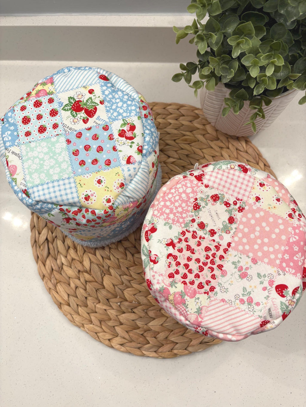 Strawberry Patchwork Quilted Makeup Organizer – Handmade Cotton Vanity puff bucket - All About Bags Co