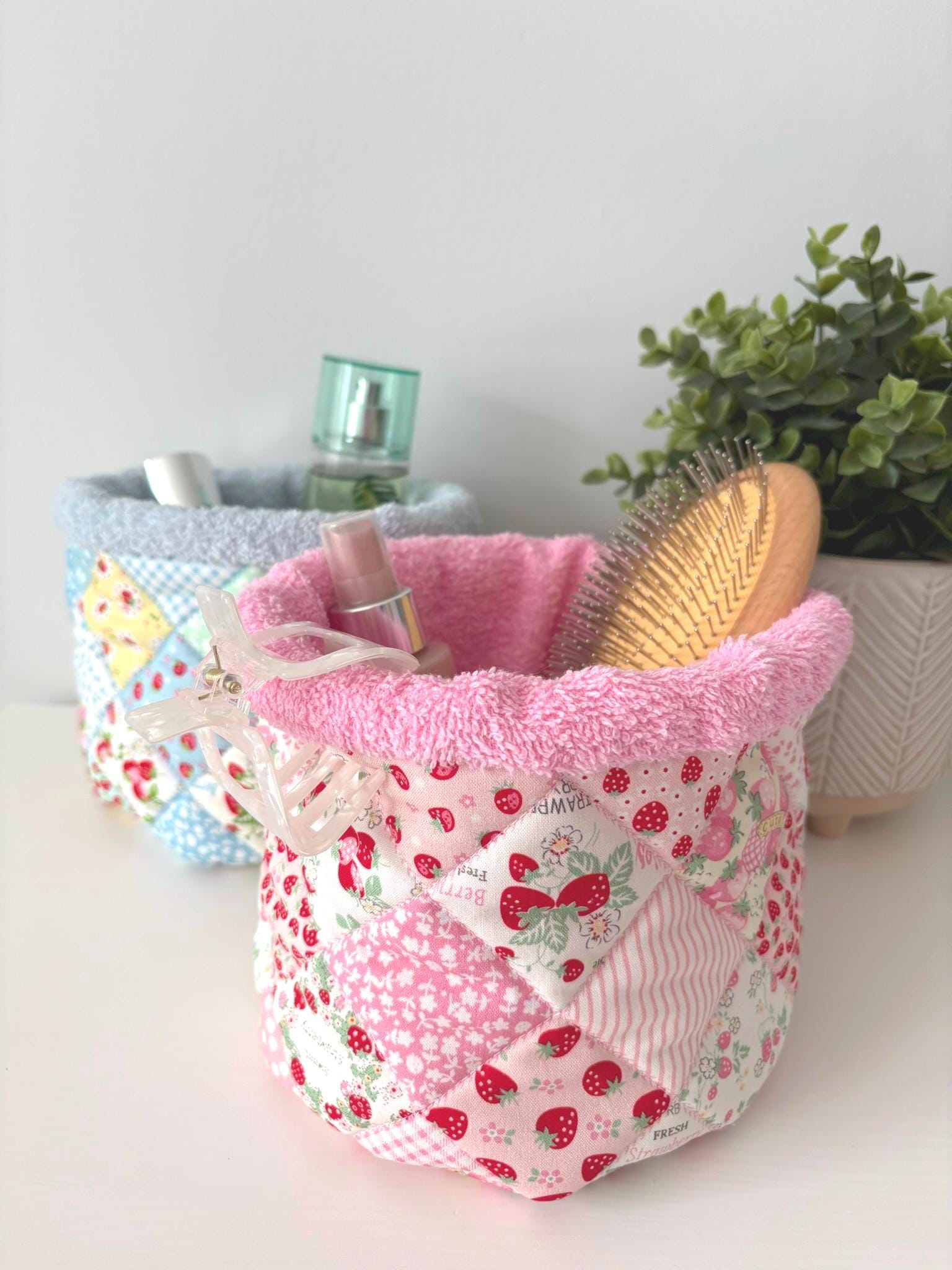 Strawberry Patchwork Quilted Makeup Organizer – Handmade Cotton Vanity puff bucket - All About Bags Co