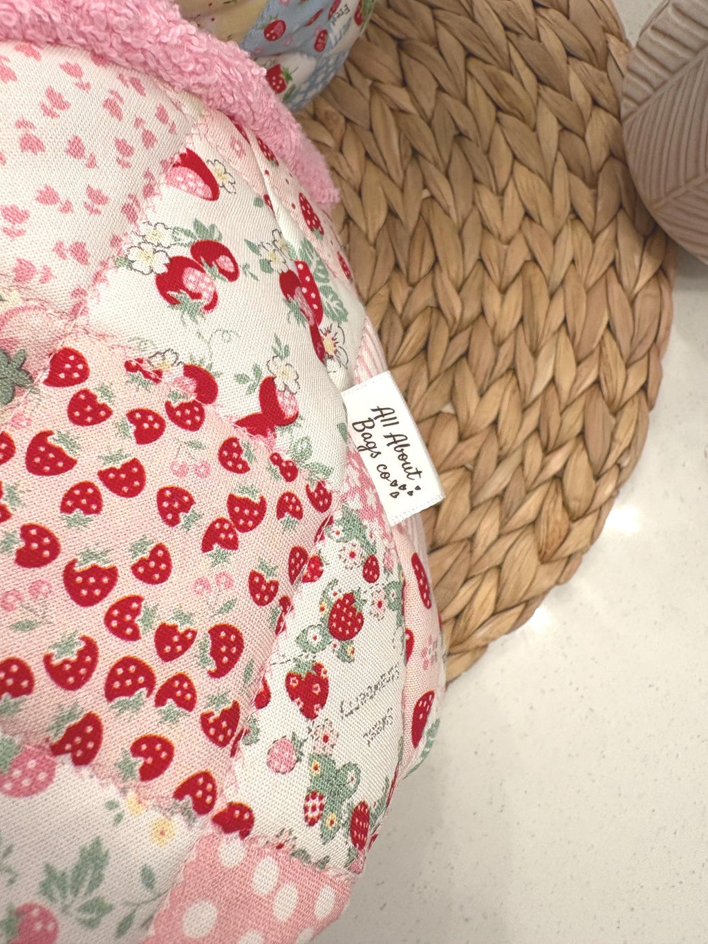 Strawberry Patchwork Quilted Makeup Organizer – Handmade Cotton Vanity puff bucket - All About Bags Co