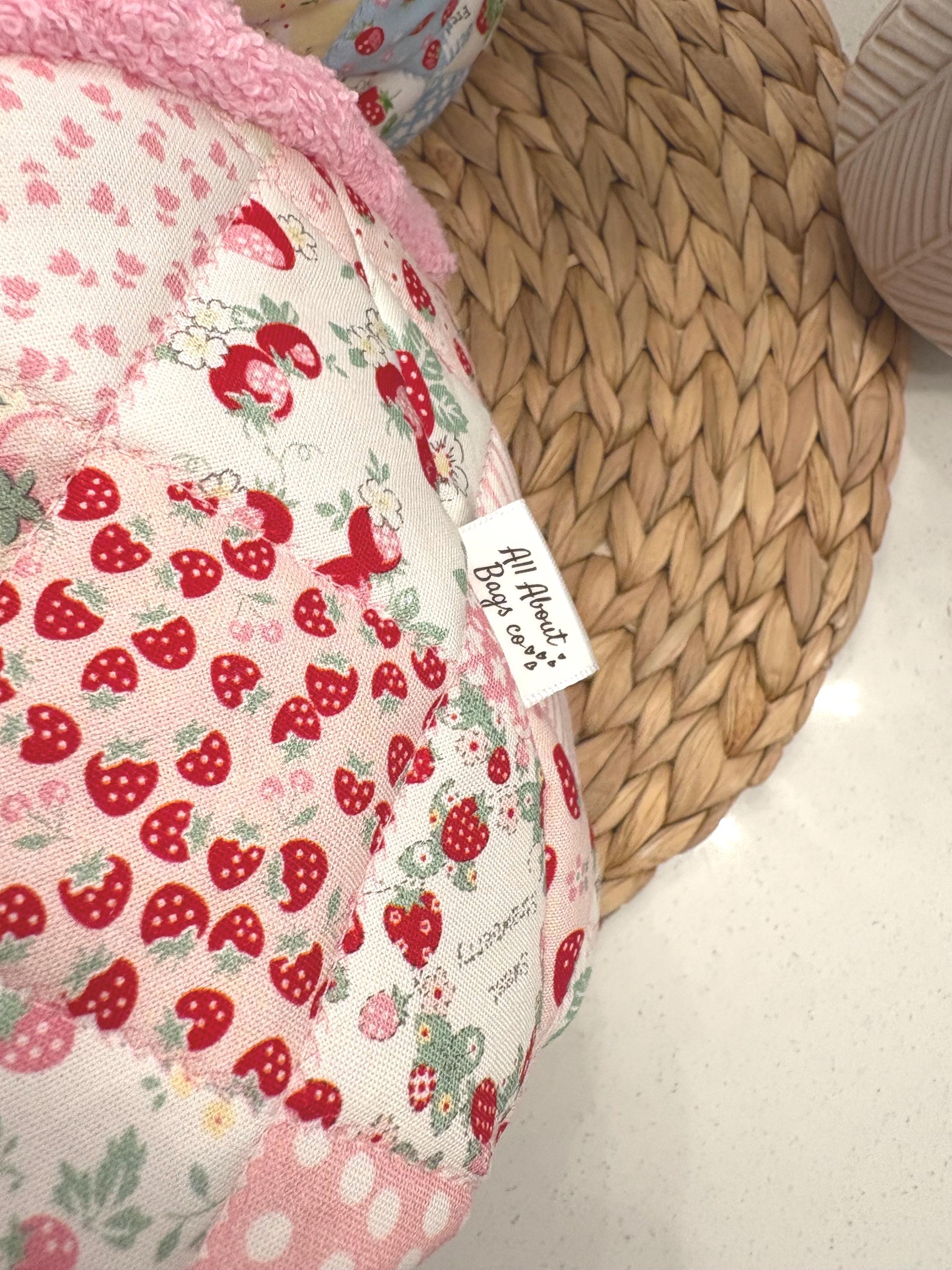 Strawberry Patchwork Quilted Makeup Organizer – Handmade Cotton Vanity puff bucket - All About Bags Co