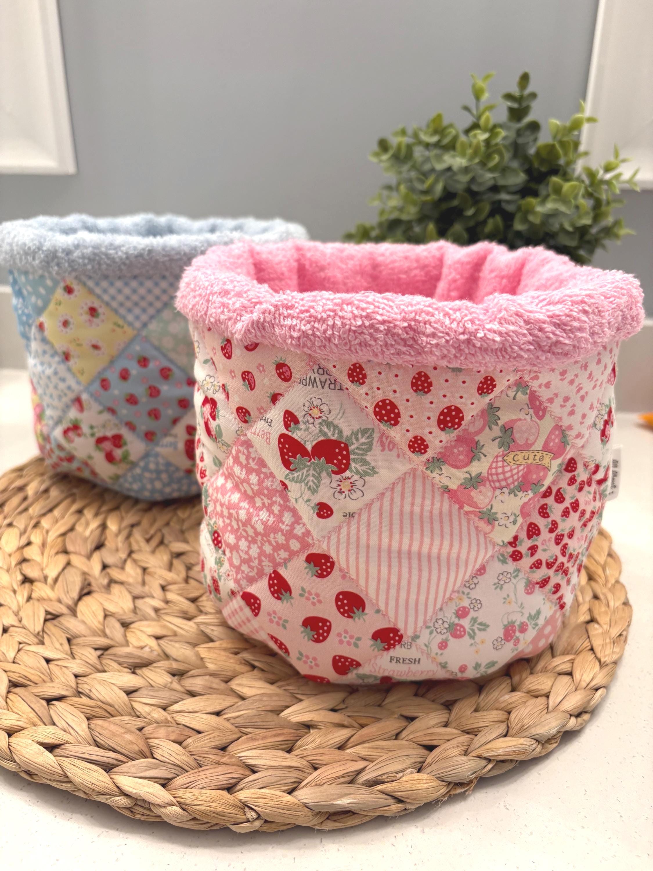 Strawberry Patchwork Quilted Makeup Organizer – Handmade Cotton Vanity puff bucket - All About Bags Co
