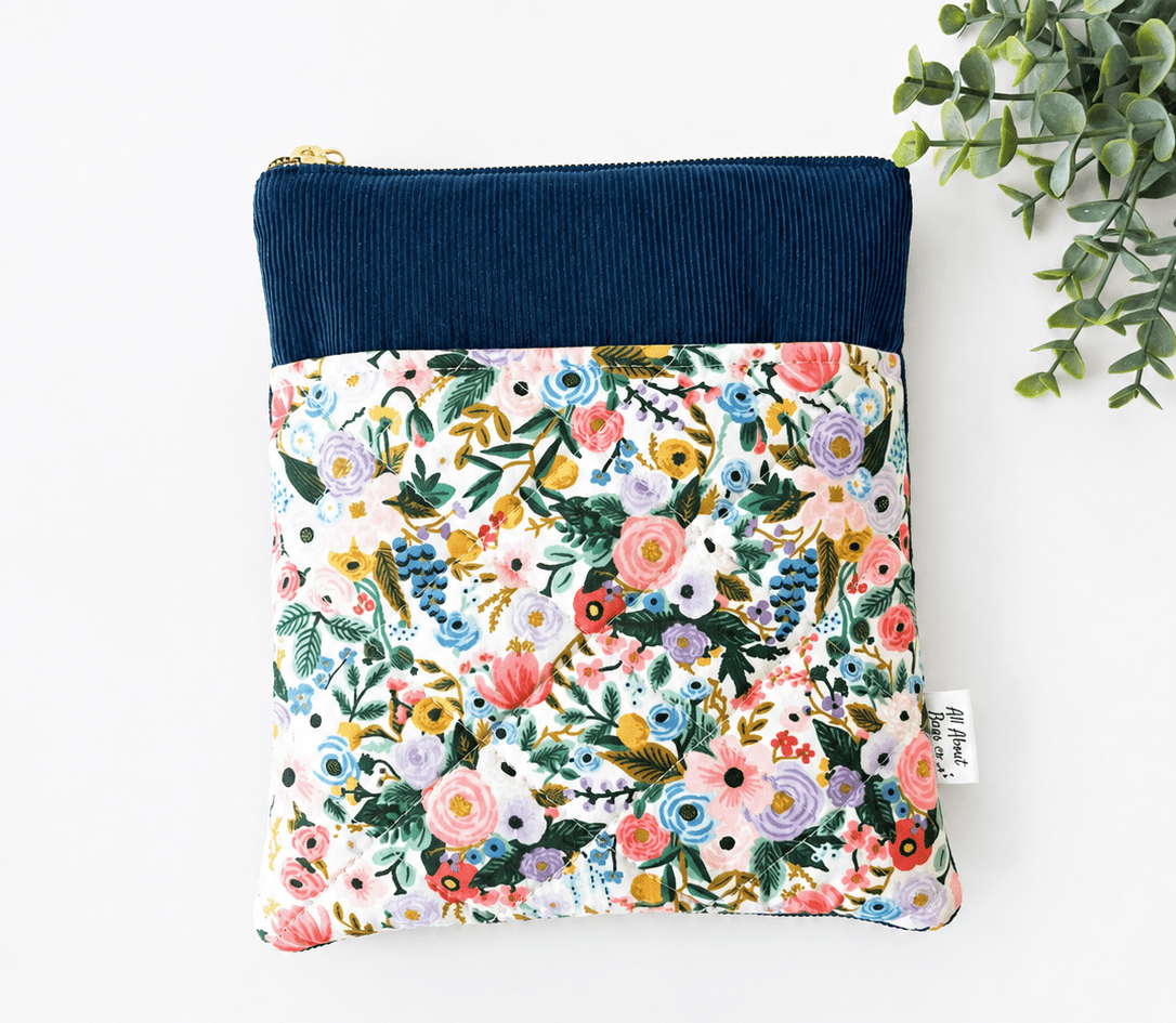 Turquoise Corduroy Book Sleeve with Floral Pocket – Quilted Kindle Case - All About Bags Co